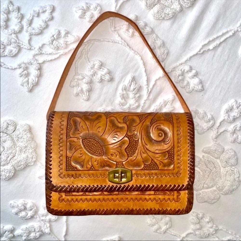 Vintage Tooled Leather Floral Shoulder Bag Turn Lock Closure Braided Accents